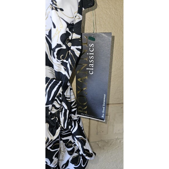 ROXANNE SIZE 18 42C BRA CUP BLACK White Gold Floral PRINT ONE PIECE SWIMSUIT - Picture 3 of 4